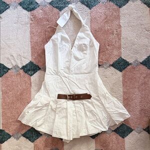 Fashion Nova White Halter Jumpsuit with Brown Belt
